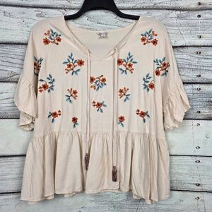 Cato Cream Embroidered Peplum Top Short Sleeve Size 18 20W